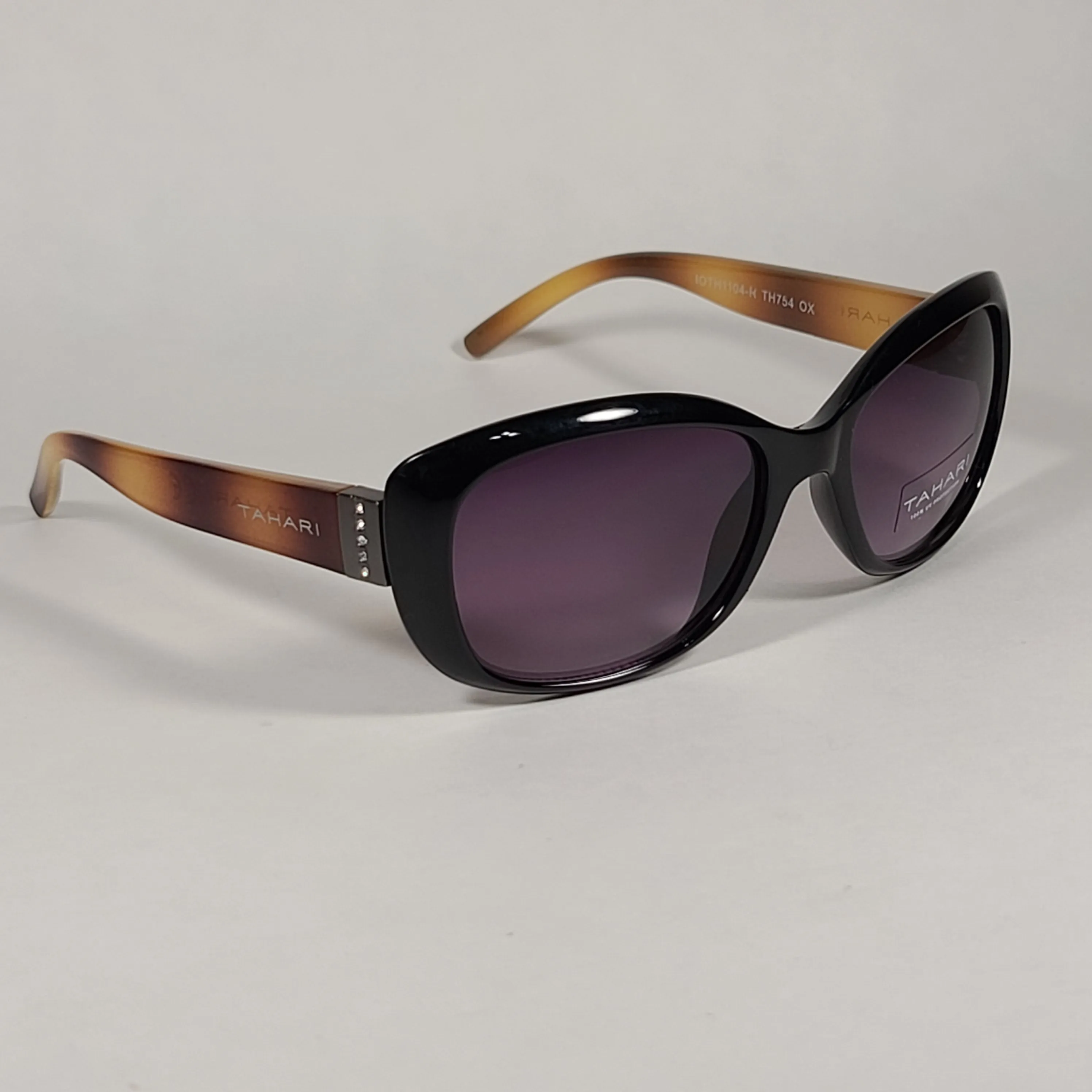 Tahari Oval Sunglasses Black And Light Havana Frame Rhinestone Temples Smoke Lens TH754 OX