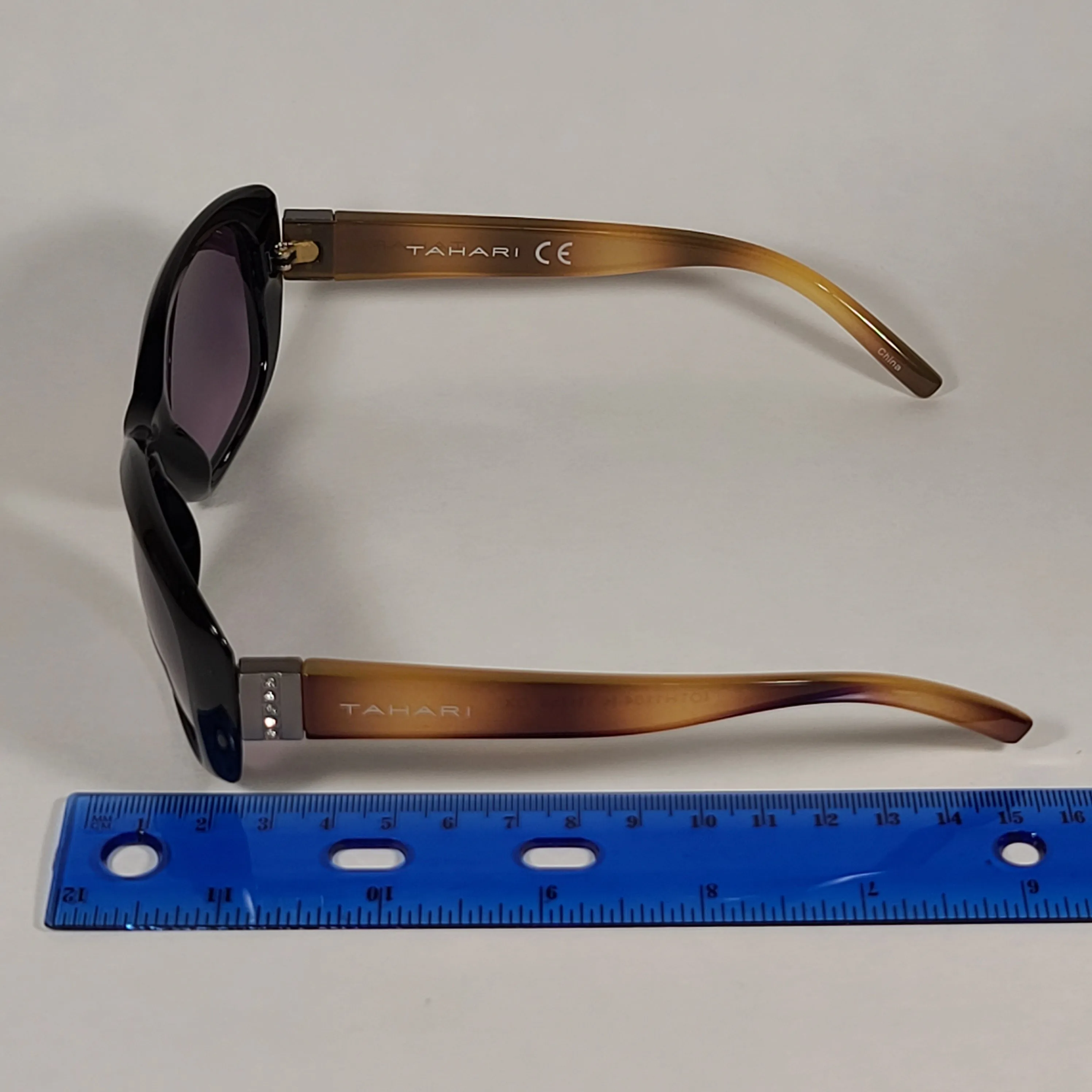 Tahari Oval Sunglasses Black And Light Havana Frame Rhinestone Temples Smoke Lens TH754 OX