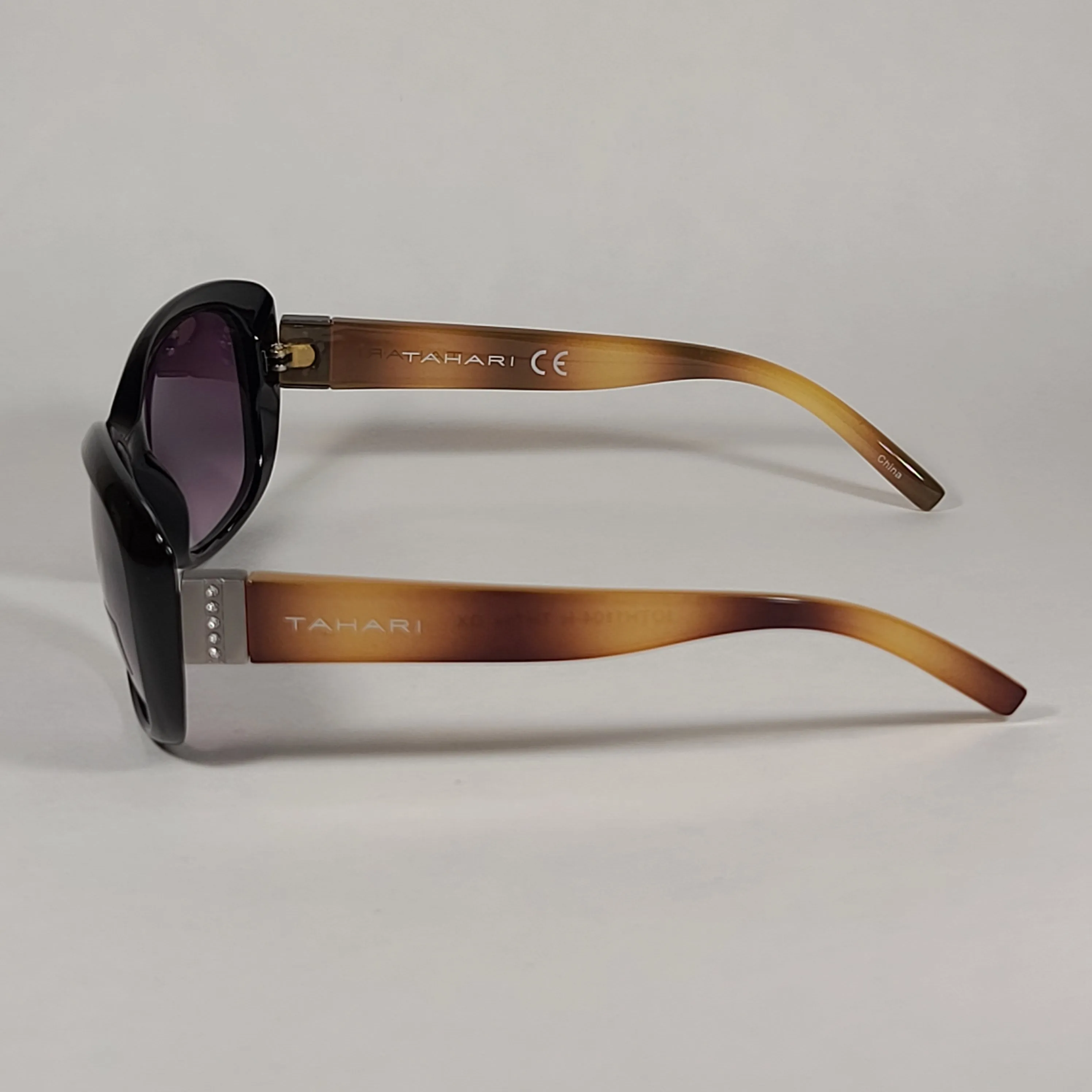 Tahari Oval Sunglasses Black And Light Havana Frame Rhinestone Temples Smoke Lens TH754 OX