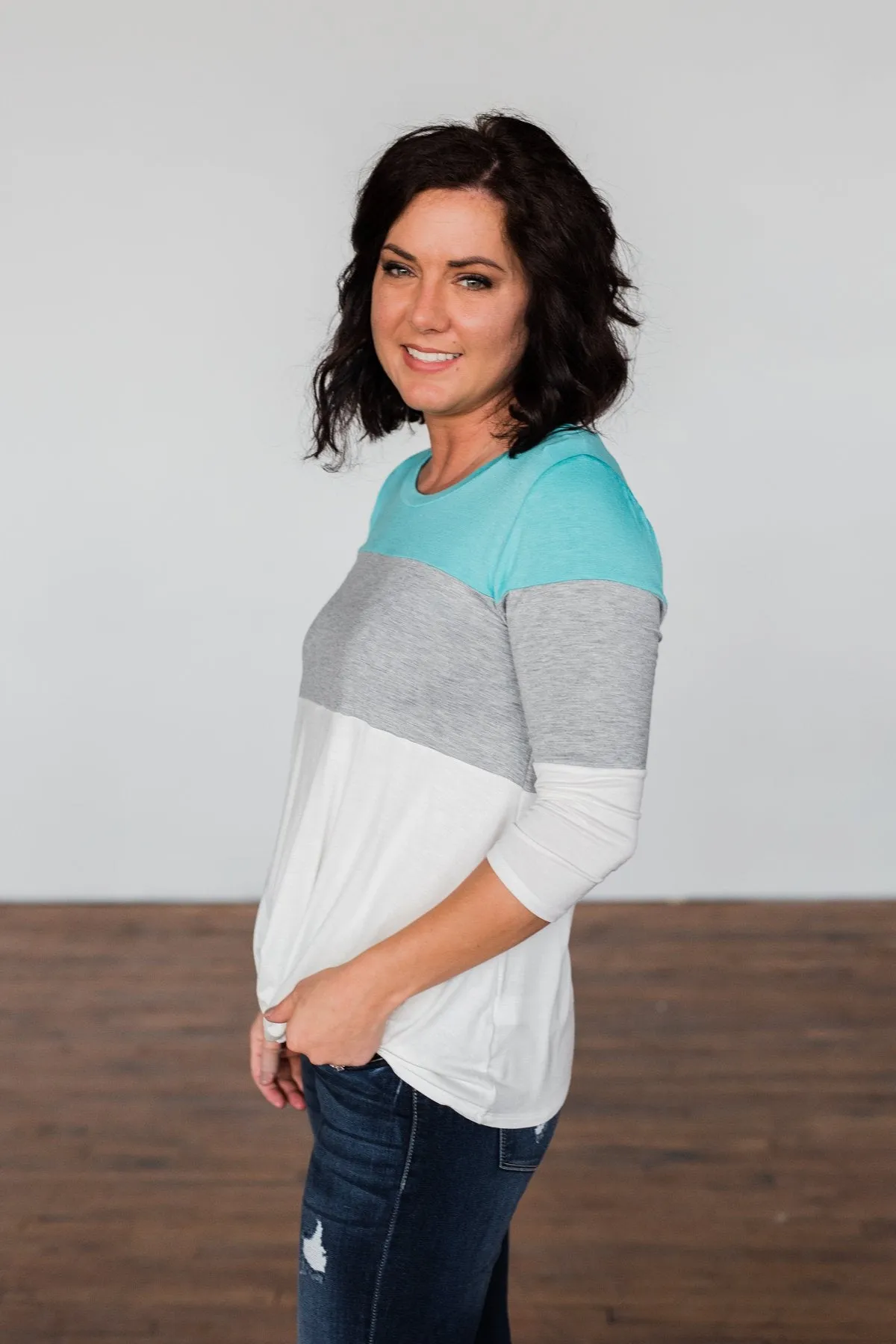 Take It Away Color Block Top- Mint Blue, Grey, Ivory