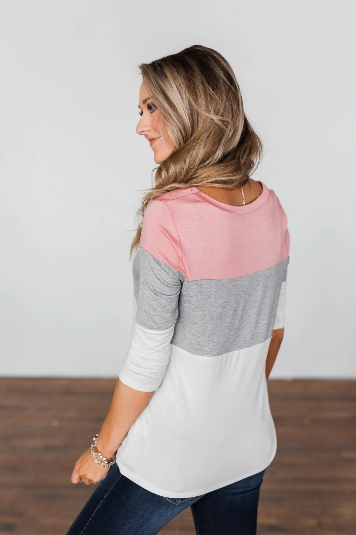 Take It Away Color Block Top- Pink, Grey, Ivory