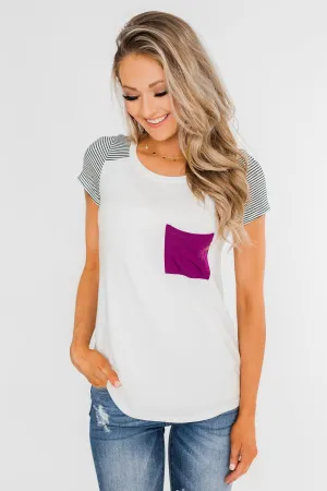Take Me There Striped Sleeve Pocket Top- Magenta