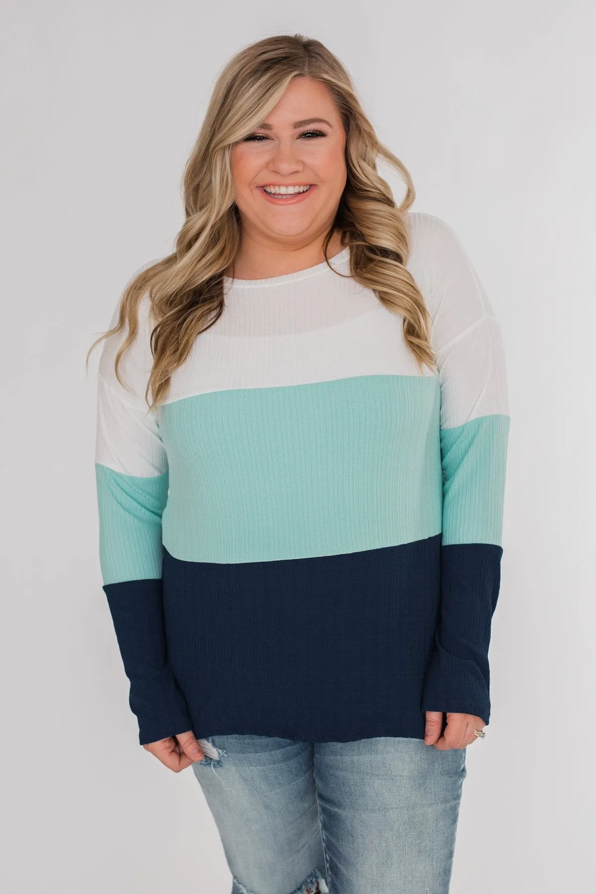 Take The Next Step Long Sleeve Color Block Top- Blue