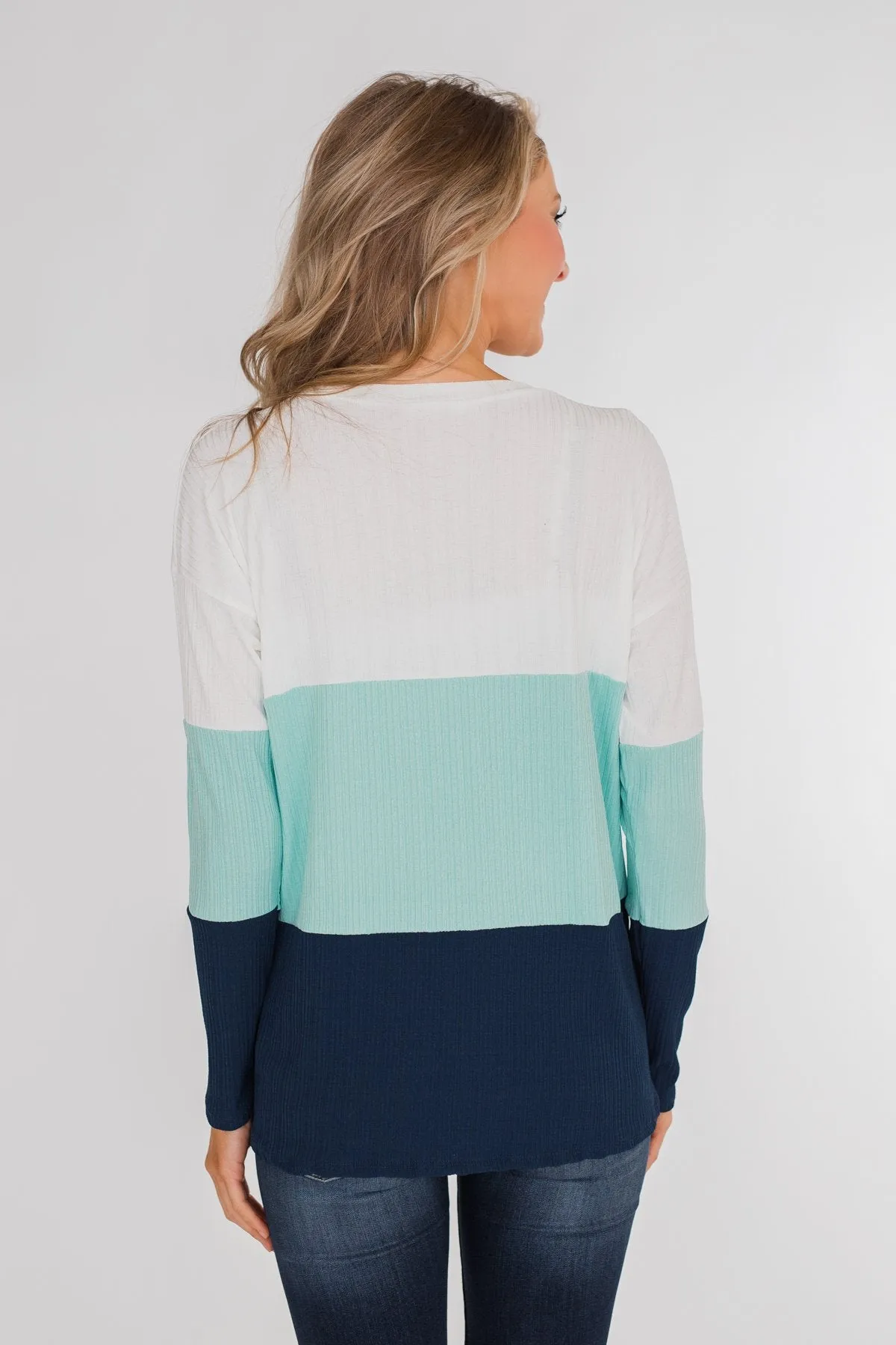 Take The Next Step Long Sleeve Color Block Top- Blue