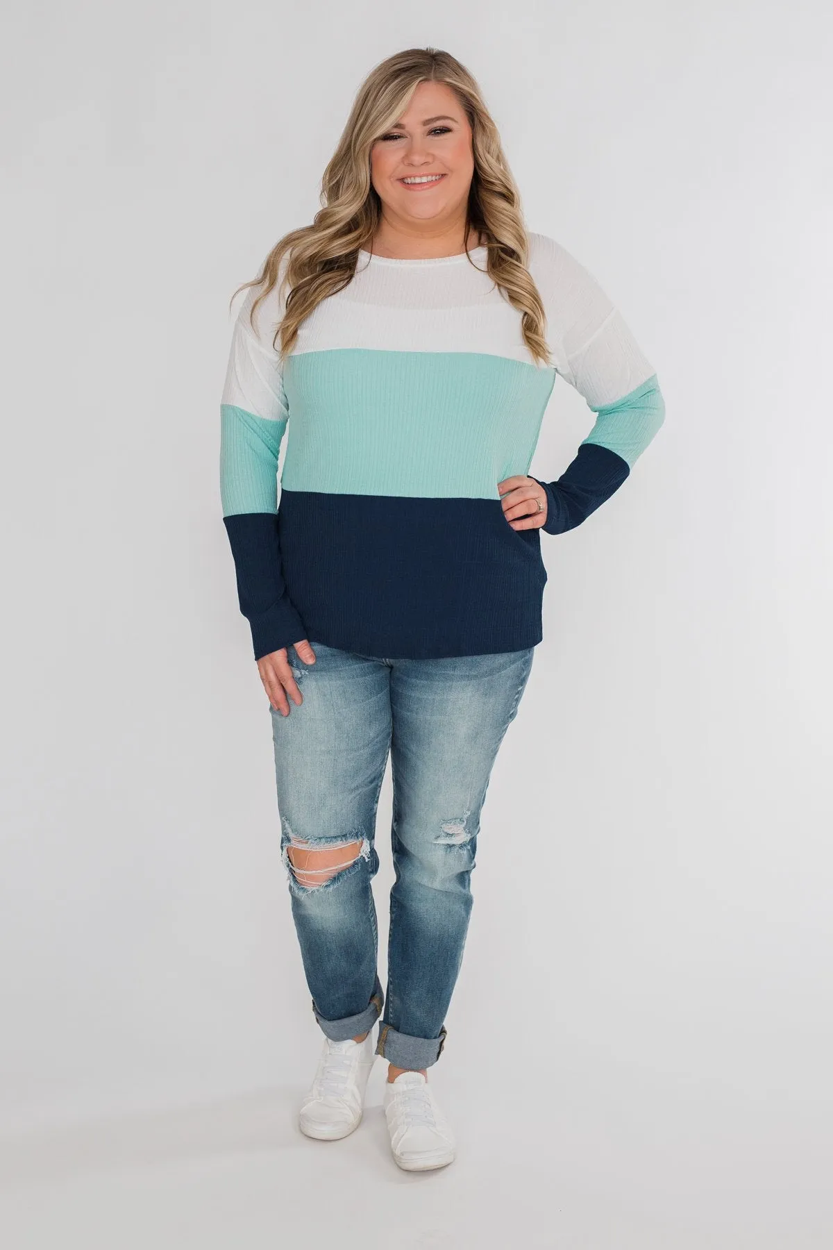 Take The Next Step Long Sleeve Color Block Top- Blue