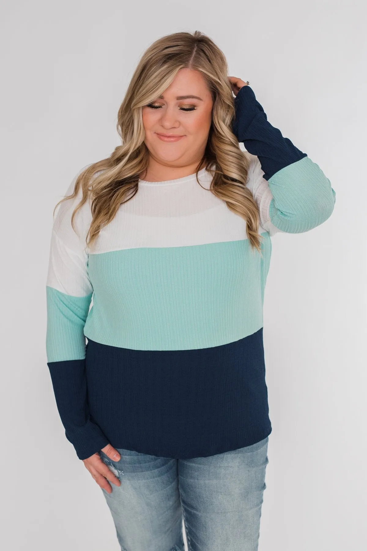 Take The Next Step Long Sleeve Color Block Top- Blue