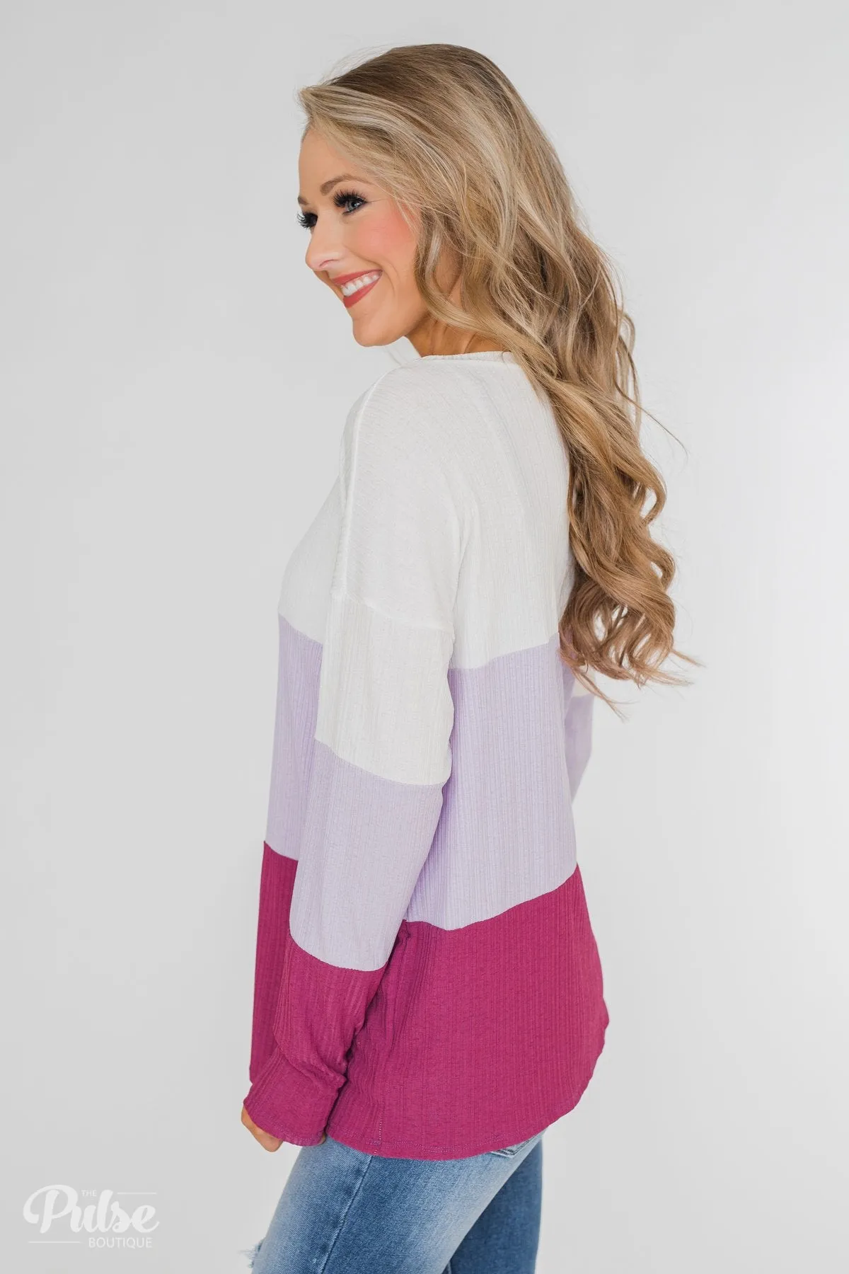 Take The Next Step Long Sleeve Color Block Top- Purple