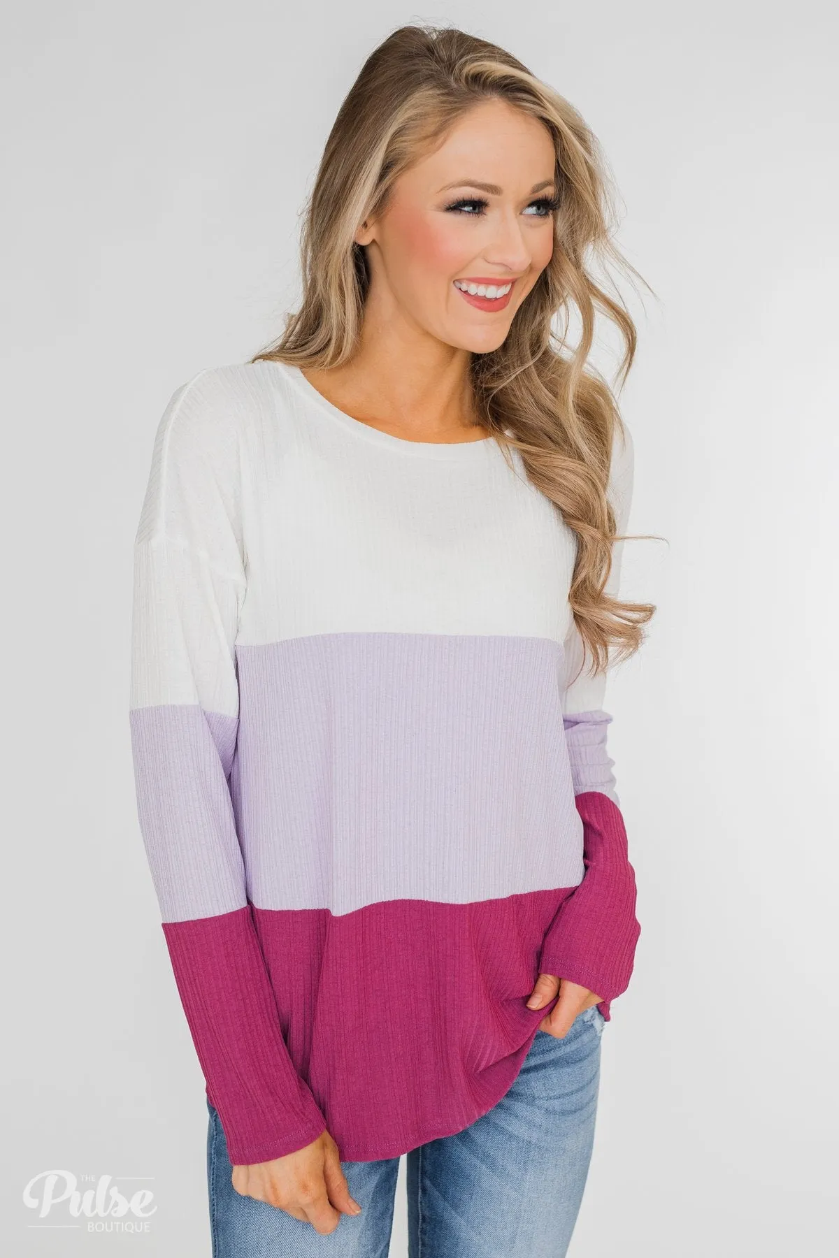 Take The Next Step Long Sleeve Color Block Top- Purple