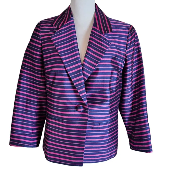 Talbots Grace Fit Silk Blend Blazer Jacket Sz 8 ? Pink Blue Striped Career Work