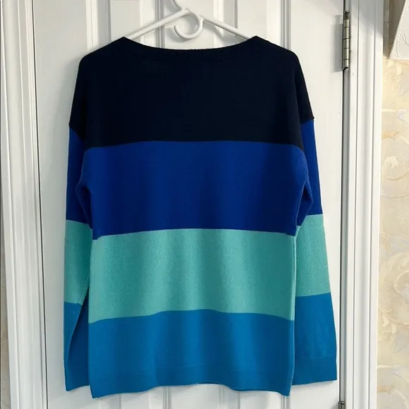 Talbots Women's Cashmere V-Neck Color Block Sweater in Bold Blue Colors. EUC