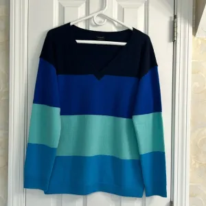 Talbots Women's Cashmere V-Neck Color Block Sweater in Bold Blue Colors. EUC