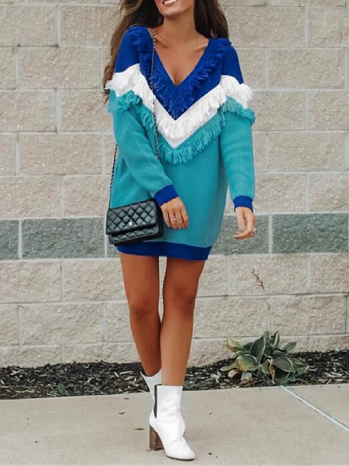 Taryn Color Block Fringed V-Neck Sweater