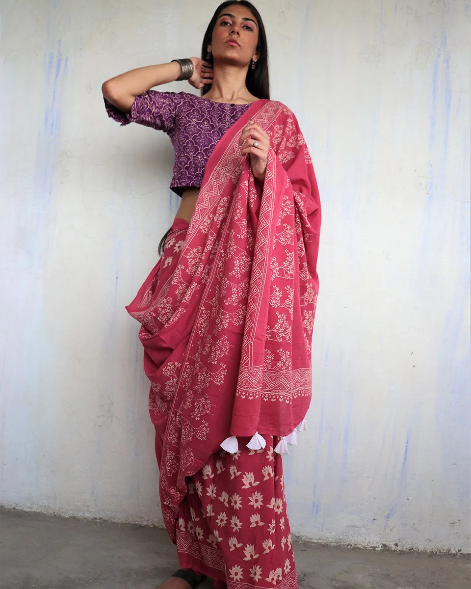 Tavleen Blockprinted Cotton Saree - Ajooni