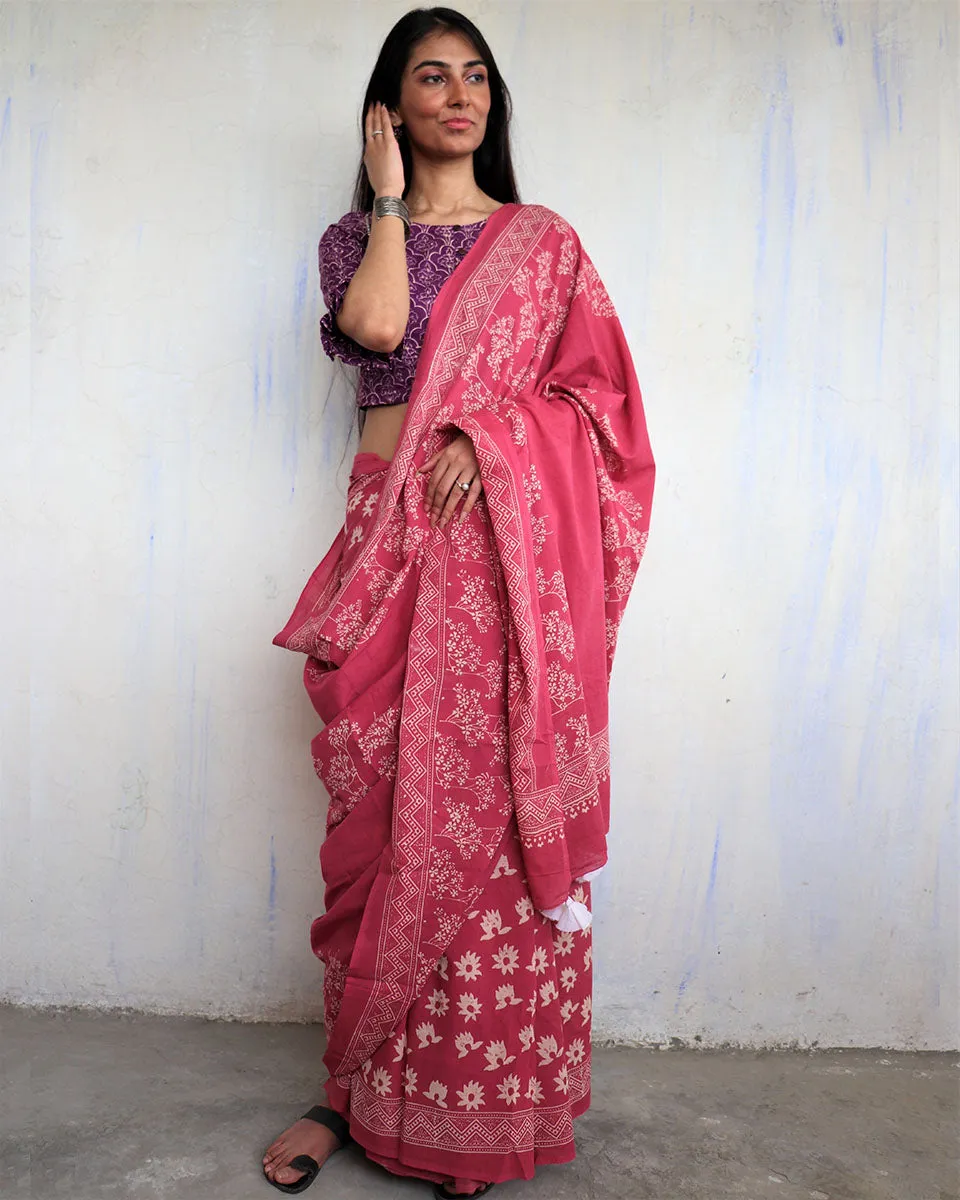 Tavleen Blockprinted Cotton Saree - Ajooni