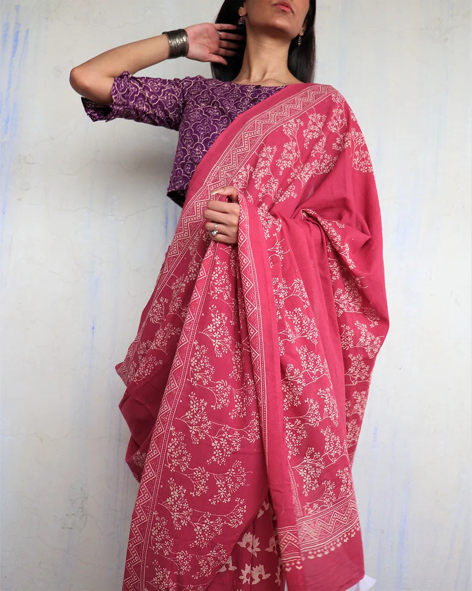 Tavleen Blockprinted Cotton Saree - Ajooni