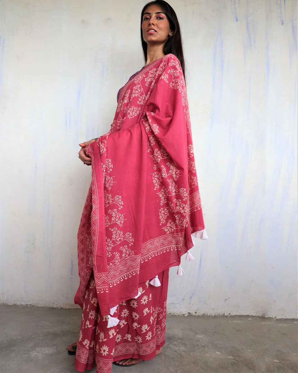Tavleen Blockprinted Cotton Saree - Ajooni