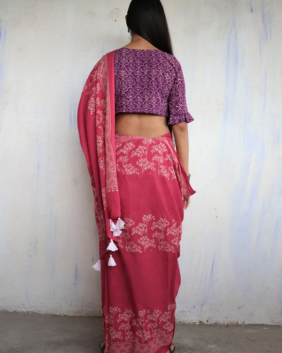 Tavleen Blockprinted Cotton Saree - Ajooni