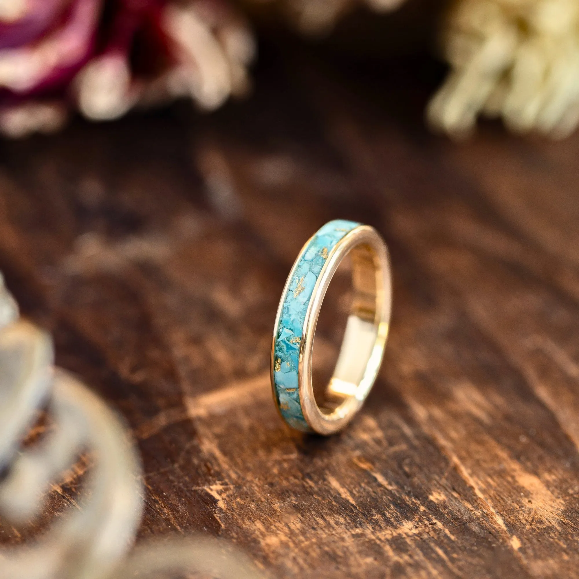 The Phoenix | Women's Solid Gold & Turquoise Ring with Gold Flakes
