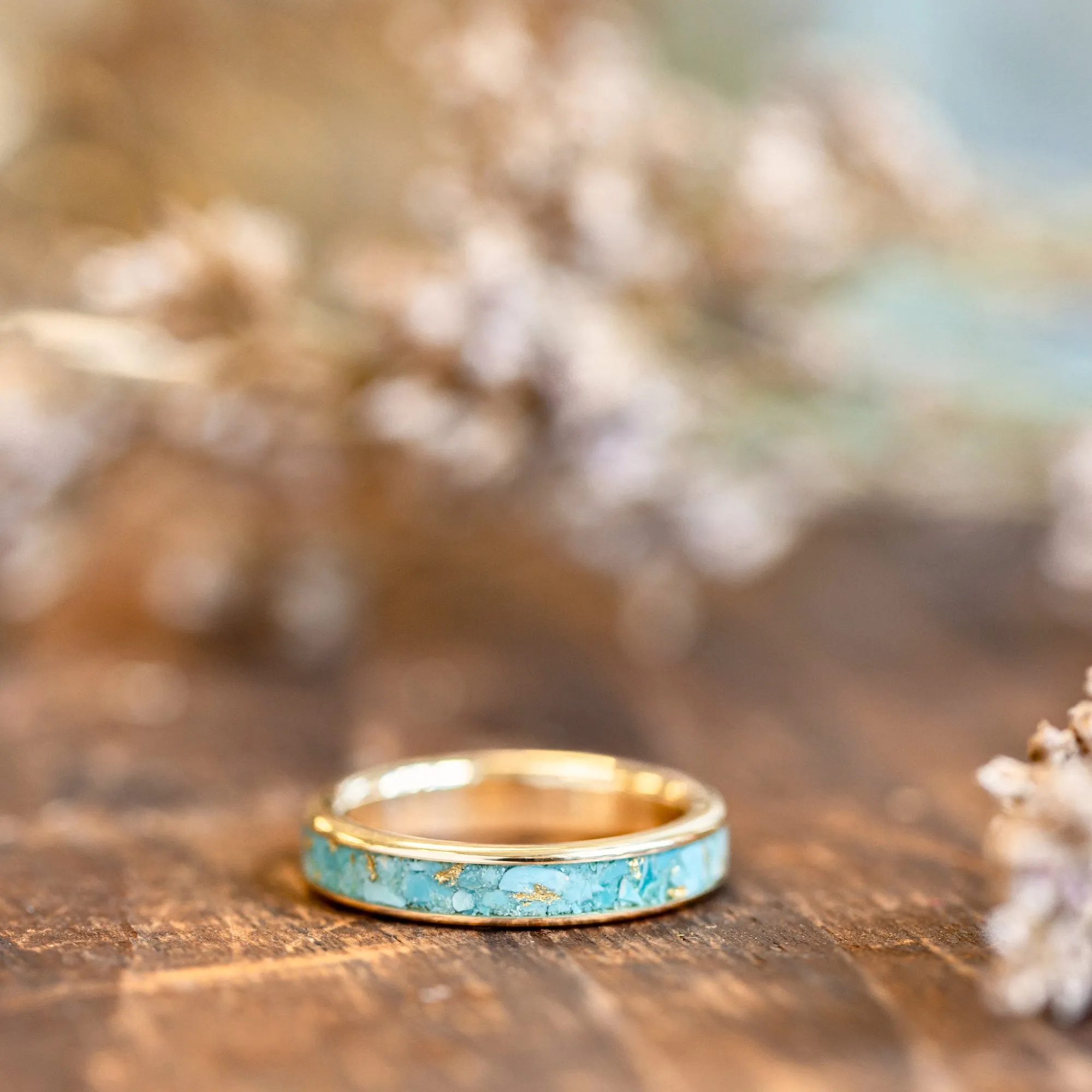 The Phoenix | Women's Solid Gold & Turquoise Ring with Gold Flakes