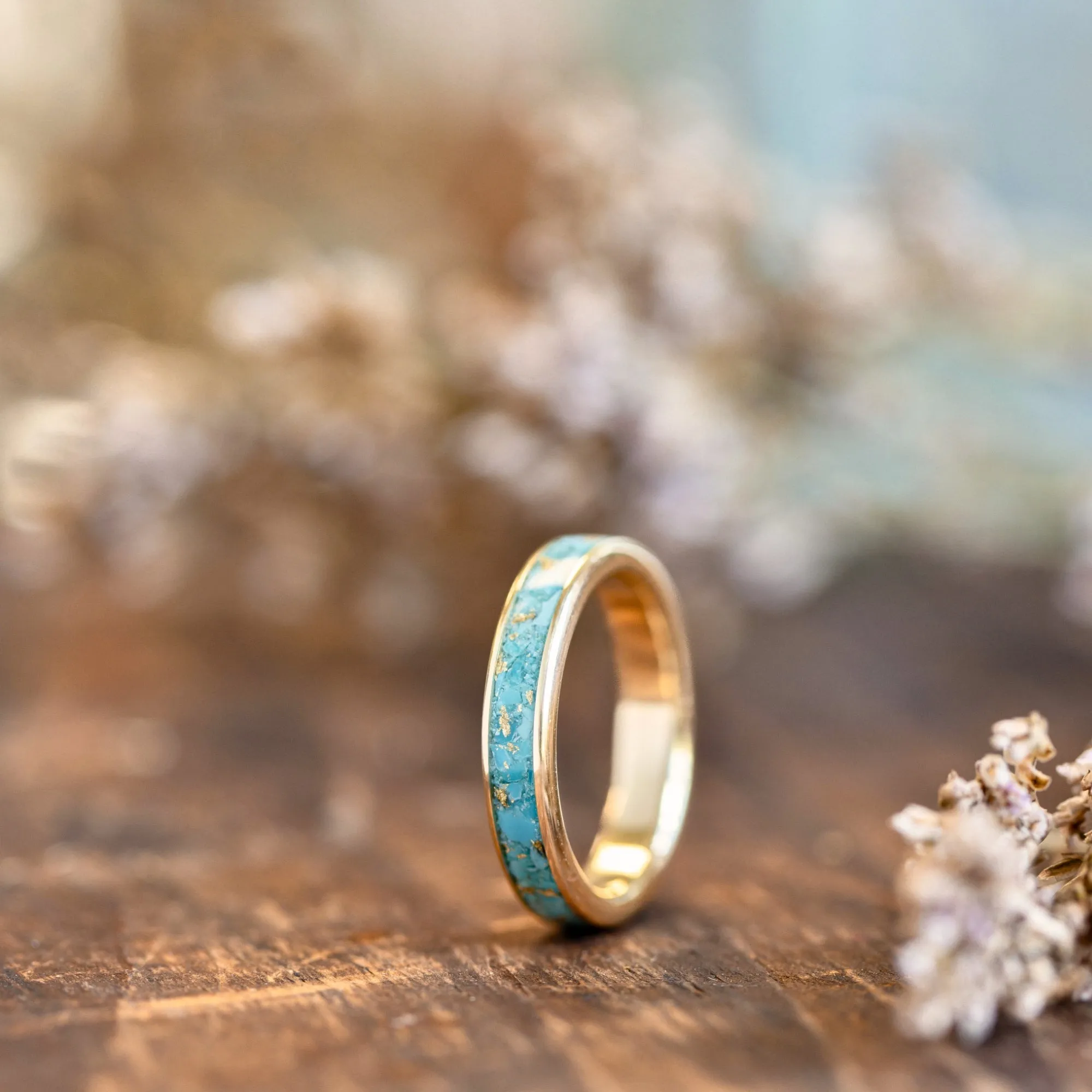 The Phoenix | Women's Solid Gold & Turquoise Ring with Gold Flakes