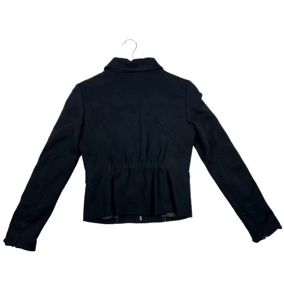 Theory Women's Black Ponte Mariony Ruffled Neck Zip-Up Jacket Blazer Size 2