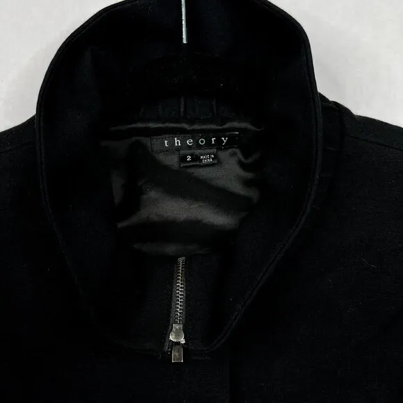 Theory Women's Black Ponte Mariony Ruffled Neck Zip-Up Jacket Blazer Size 2
