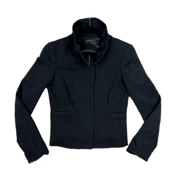 Theory Women's Black Ponte Mariony Ruffled Neck Zip-Up Jacket Blazer Size 2