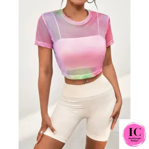 Tie-Dye Fishnet Sports Crop Mesh Top