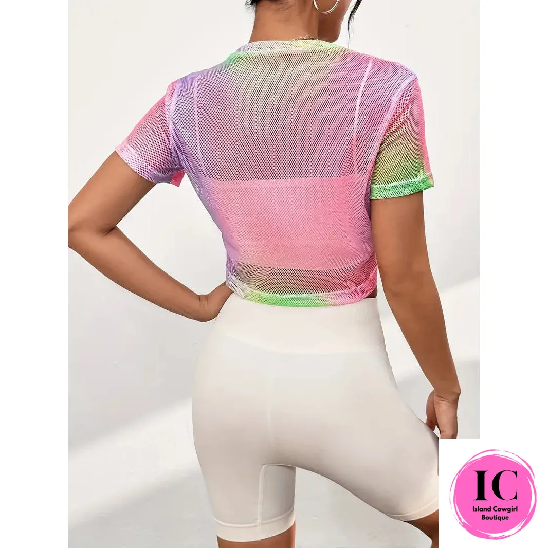 Tie-Dye Fishnet Sports Crop Mesh Top