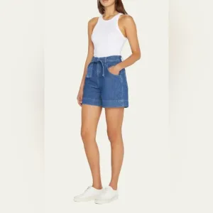 TRIARCHY ELIZA ORGANIC COTTON BELTED WIDE-LEG JEAN SHORTS MEDIUM INDIGO, SIZE 25