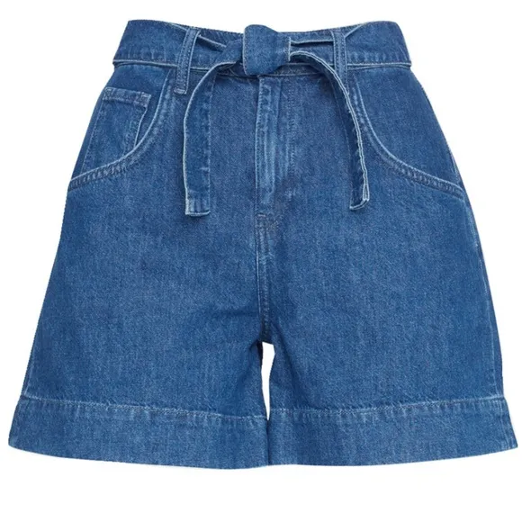 TRIARCHY ELIZA ORGANIC COTTON BELTED WIDE-LEG JEAN SHORTS MEDIUM INDIGO, SIZE 25