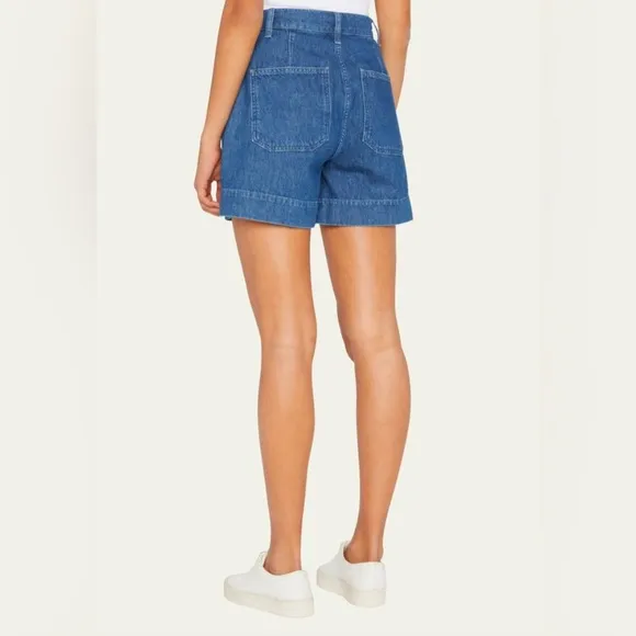 TRIARCHY ELIZA ORGANIC COTTON BELTED WIDE-LEG JEAN SHORTS MEDIUM INDIGO, SIZE 25