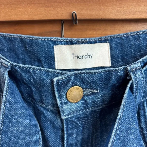 TRIARCHY ELIZA ORGANIC COTTON BELTED WIDE-LEG JEAN SHORTS MEDIUM INDIGO, SIZE 25