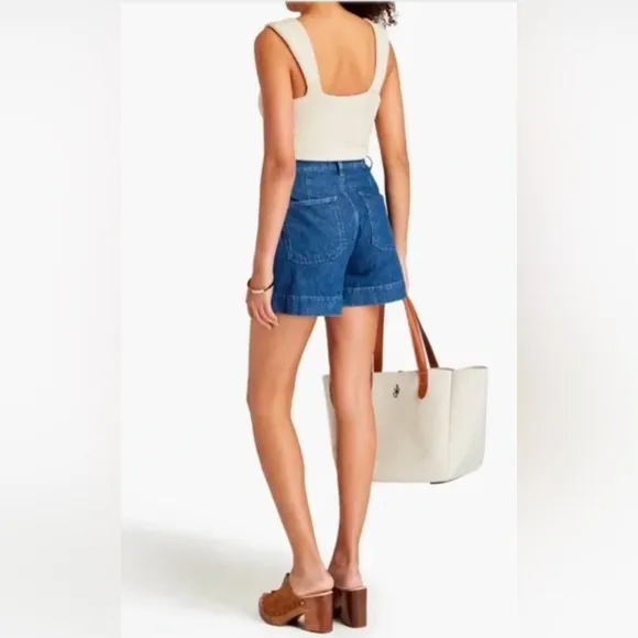 TRIARCHY ELIZA ORGANIC COTTON BELTED WIDE-LEG JEAN SHORTS MEDIUM INDIGO, SIZE 25