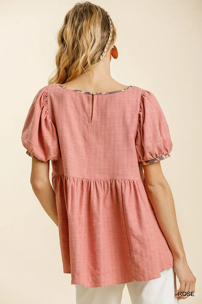 TSS  Linen Blend Round Neck Short Puff Sleeve (Rose)