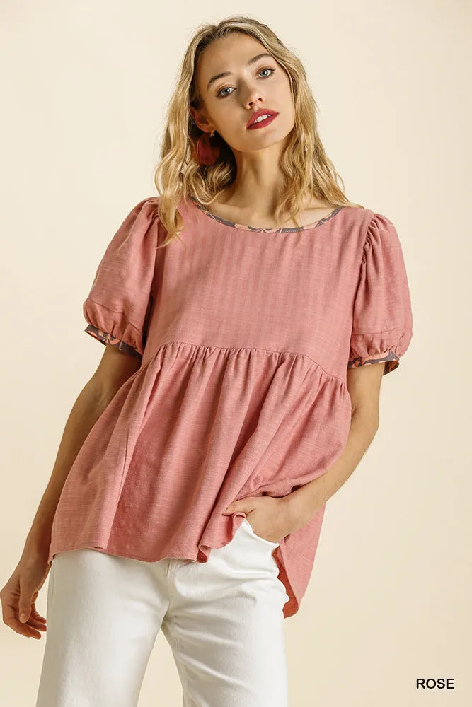 TSS  Linen Blend Round Neck Short Puff Sleeve (Rose)
