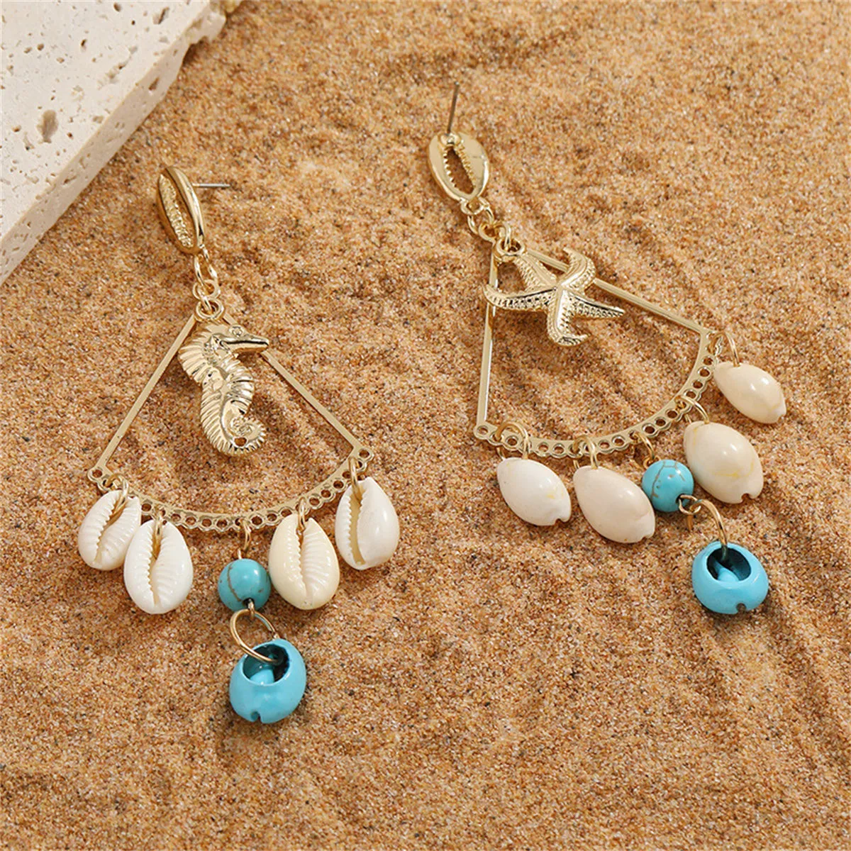 Turquoise & Enamel 18K Gold-Plated Seahorse Starfish Drop Earrings