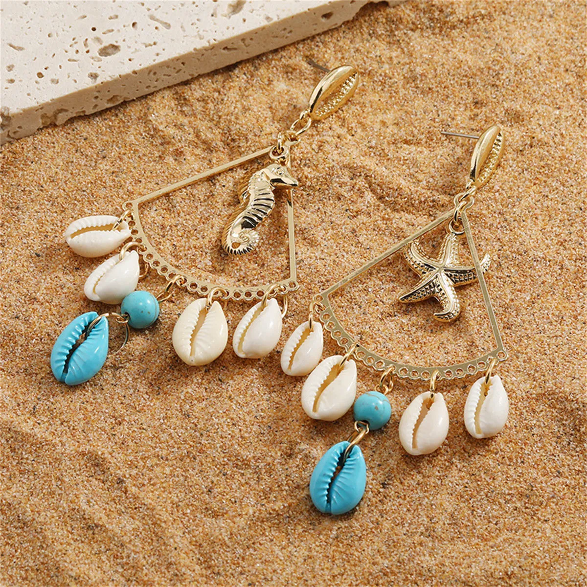 Turquoise & Enamel 18K Gold-Plated Seahorse Starfish Drop Earrings