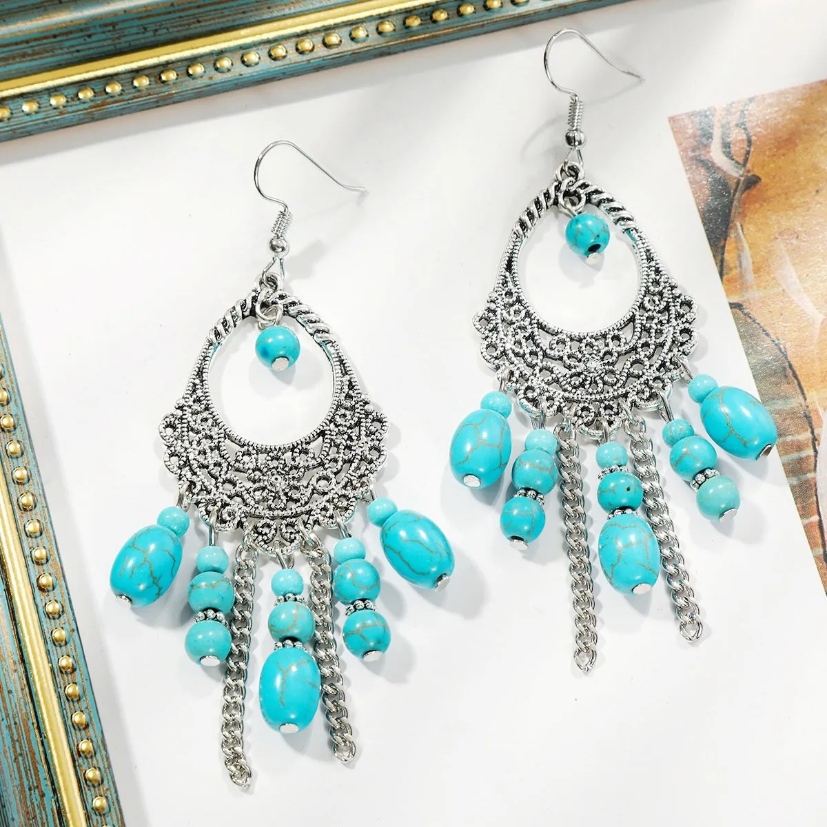 Turquoise & Silver-Plated Openwork Tassel Drop Earrings
