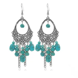 Turquoise & Silver-Plated Openwork Tassel Drop Earrings