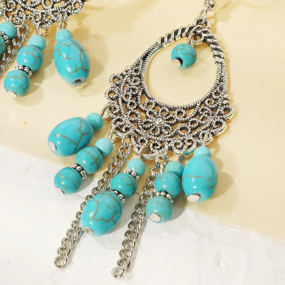 Turquoise & Silver-Plated Openwork Tassel Drop Earrings