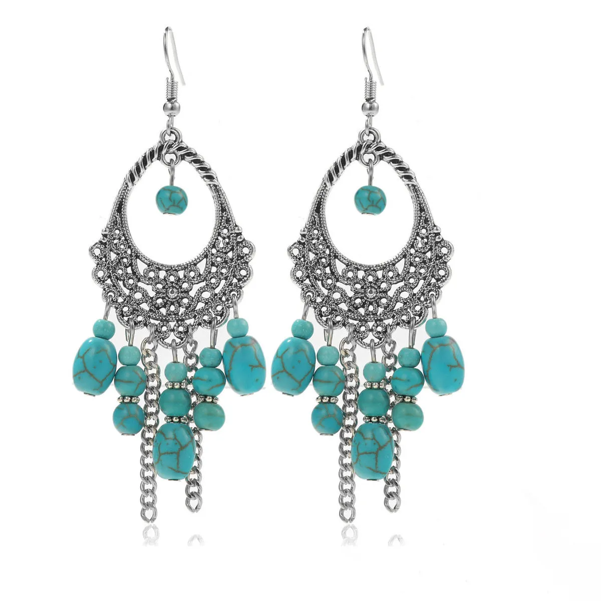 Turquoise & Silver-Plated Openwork Tassel Drop Earrings