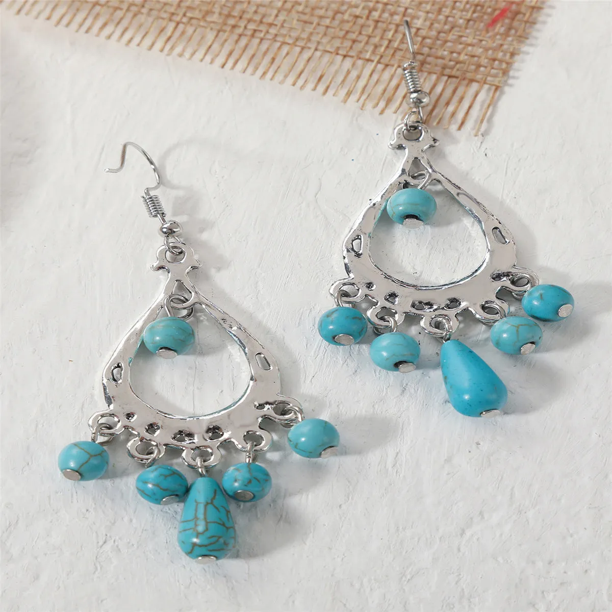 Turquoise & Silver-Plated Tassel Hook Drop Earrings