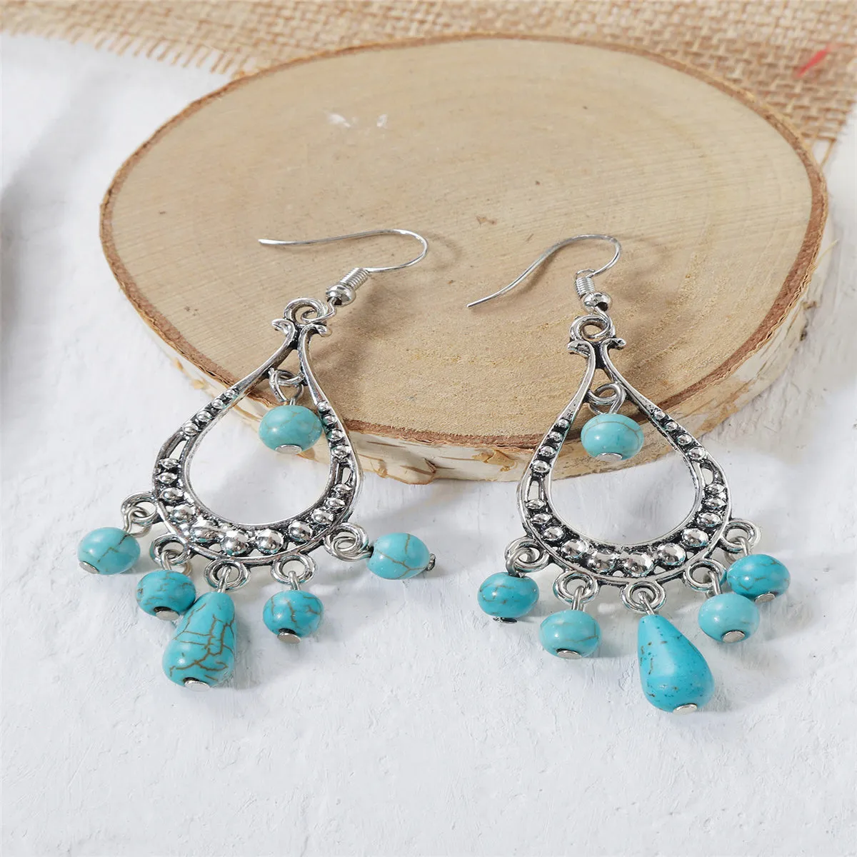 Turquoise & Silver-Plated Tassel Hook Drop Earrings
