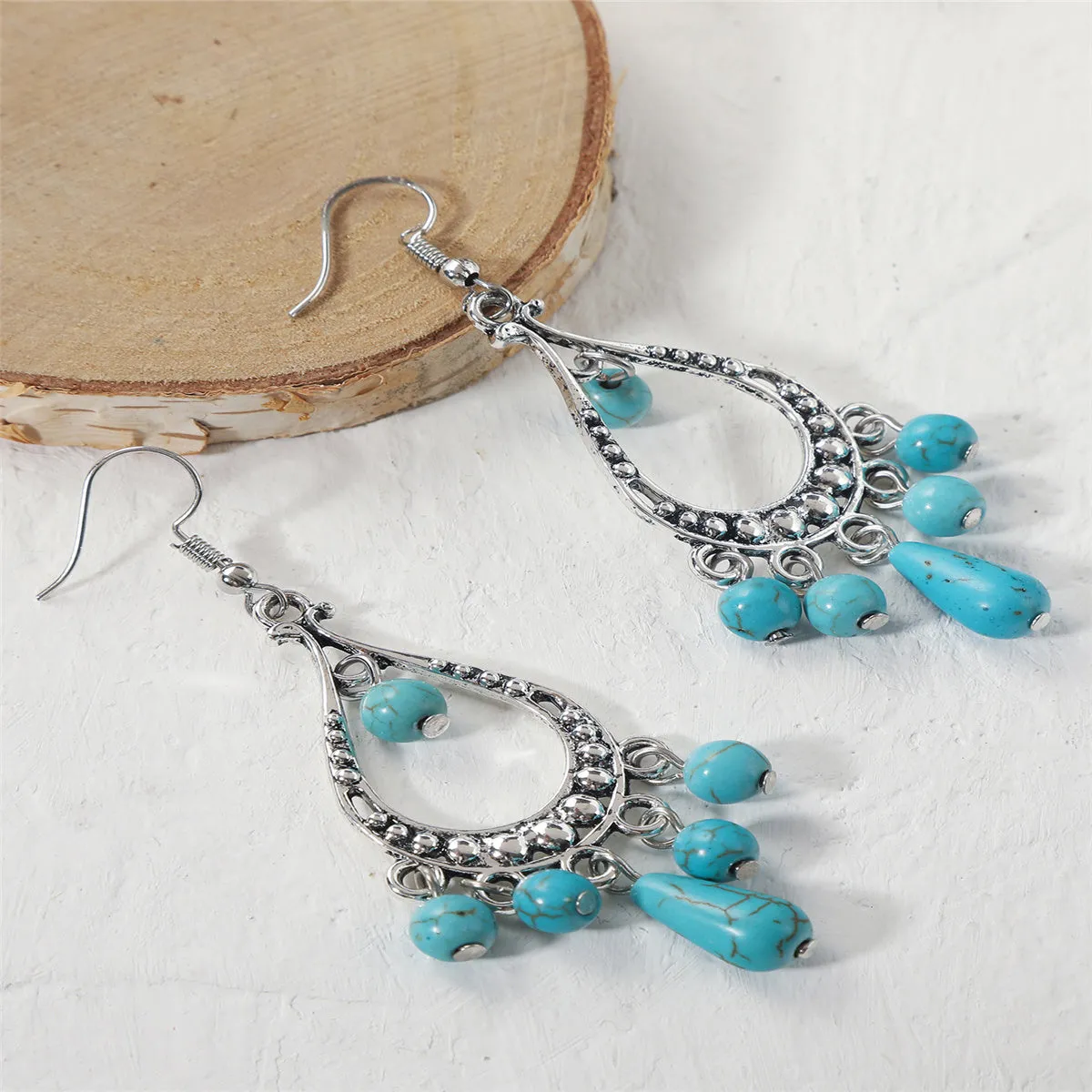 Turquoise & Silver-Plated Tassel Hook Drop Earrings