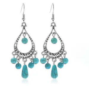 Turquoise & Silver-Plated Tassel Hook Drop Earrings