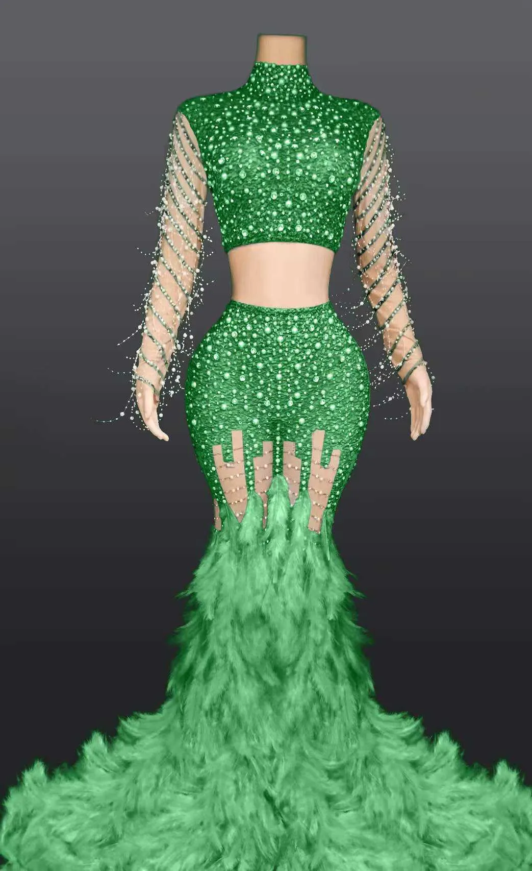 Turtleneck Long Rhinestone Two Piece Dress
