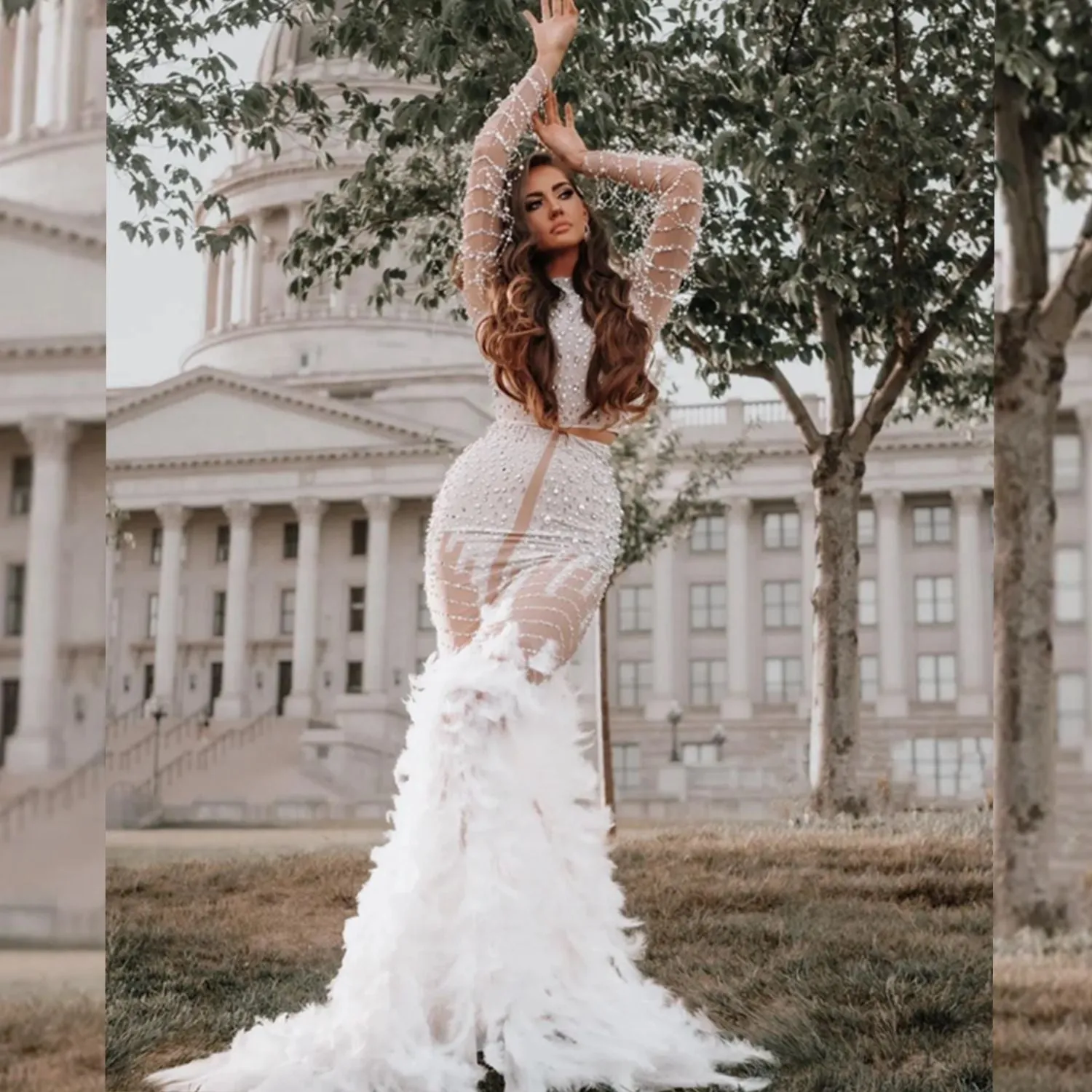 Turtleneck Long Rhinestone Two Piece Dress