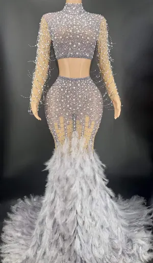 Turtleneck Long Rhinestone Two Piece Dress