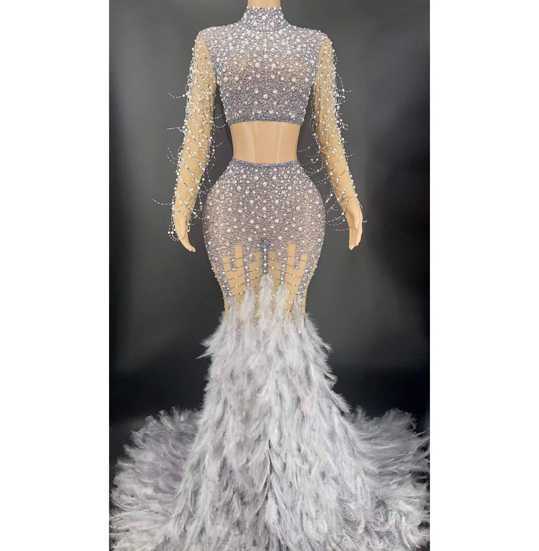 Turtleneck Long Rhinestone Two Piece Dress
